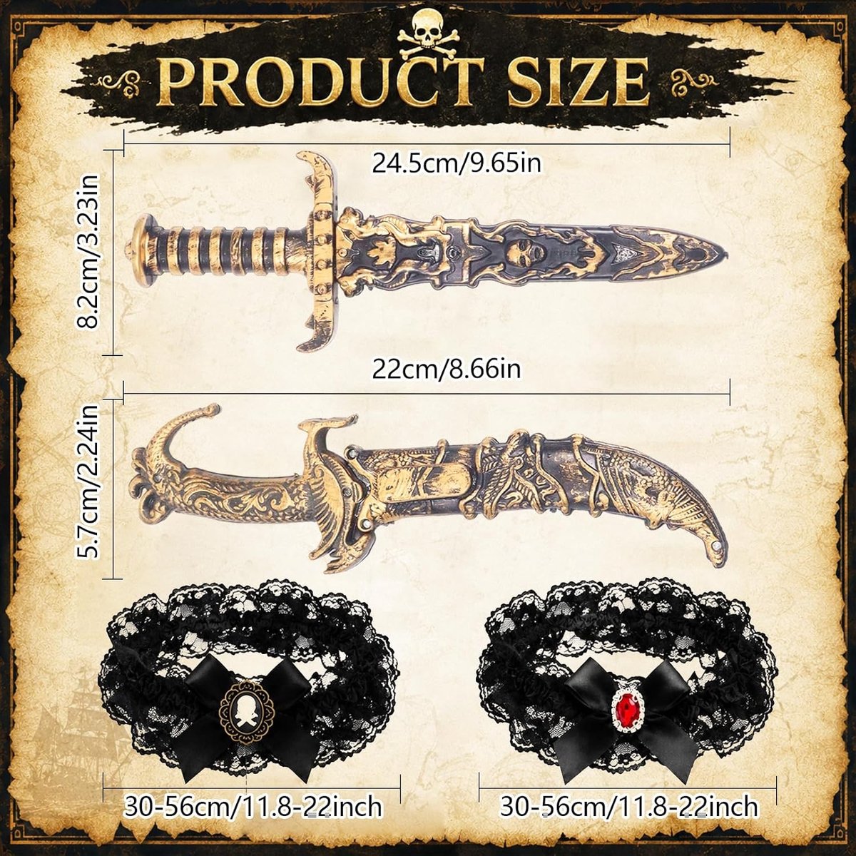 Piratenkostuum accessoires voor dames, 2 stuks piratenzwaard en kousenband voor cosplay, carnaval en Halloween feest