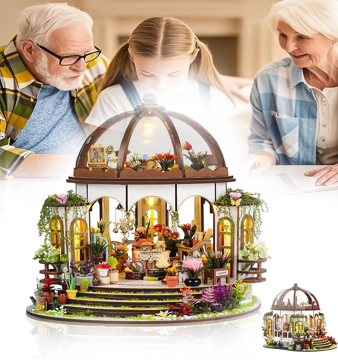 Doe-Het-Zelf Poppenhuis Bouwpakket, Miniatuur Kasje Maken, Tuinhuis Met Meubilair en Led-Verlichting, Creatief Handgemaakt.