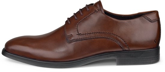 Bruine leren Ecco veterschoen met zwarte zool en veters, profiel.