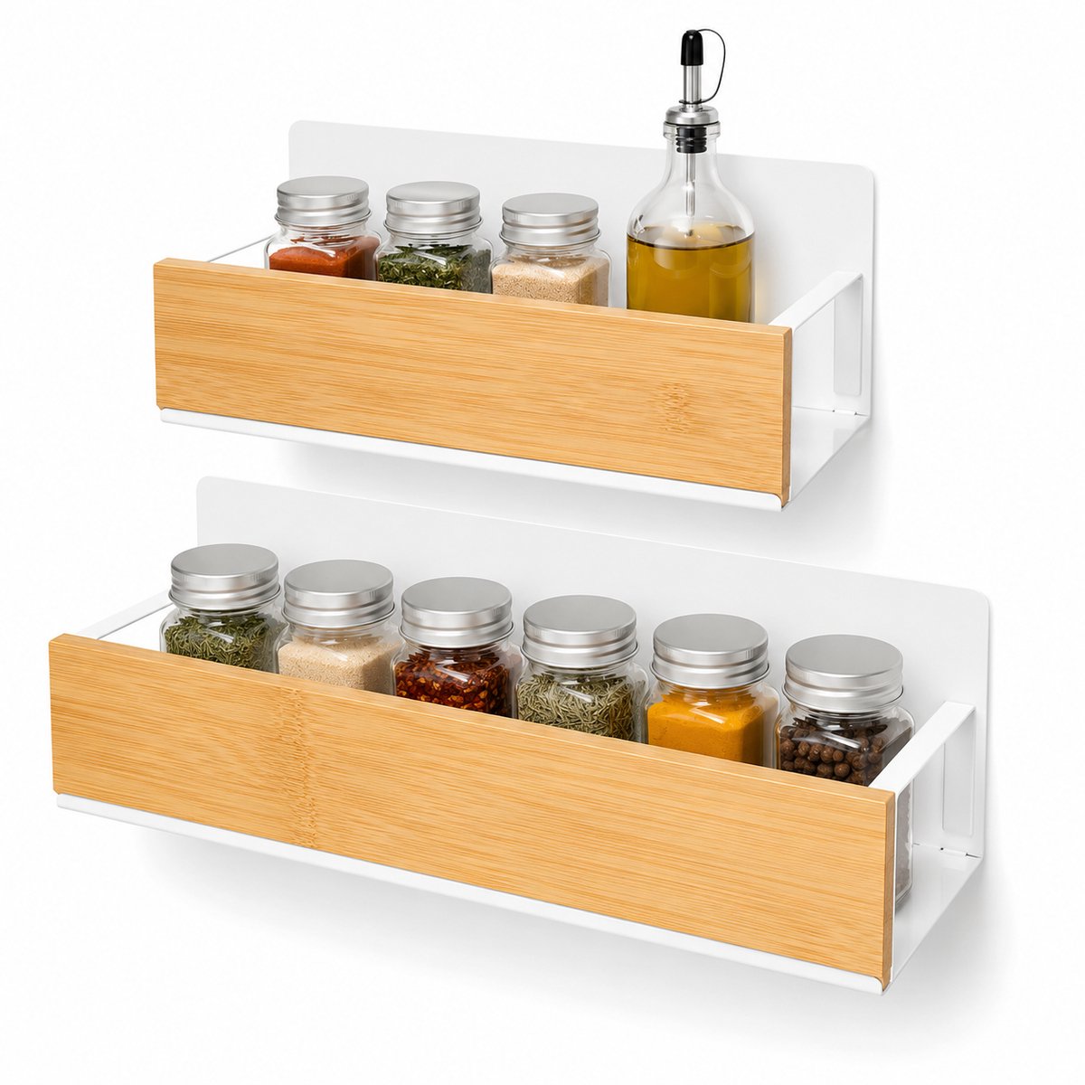 Bobypet - Magnetisch kruidenrek - Koelkast organizer - Set van 2 - Bamboe magneetplank voor keukenopslag - Voor kruidenpotjes en keukenaccessoires - 27/29cm - Wit