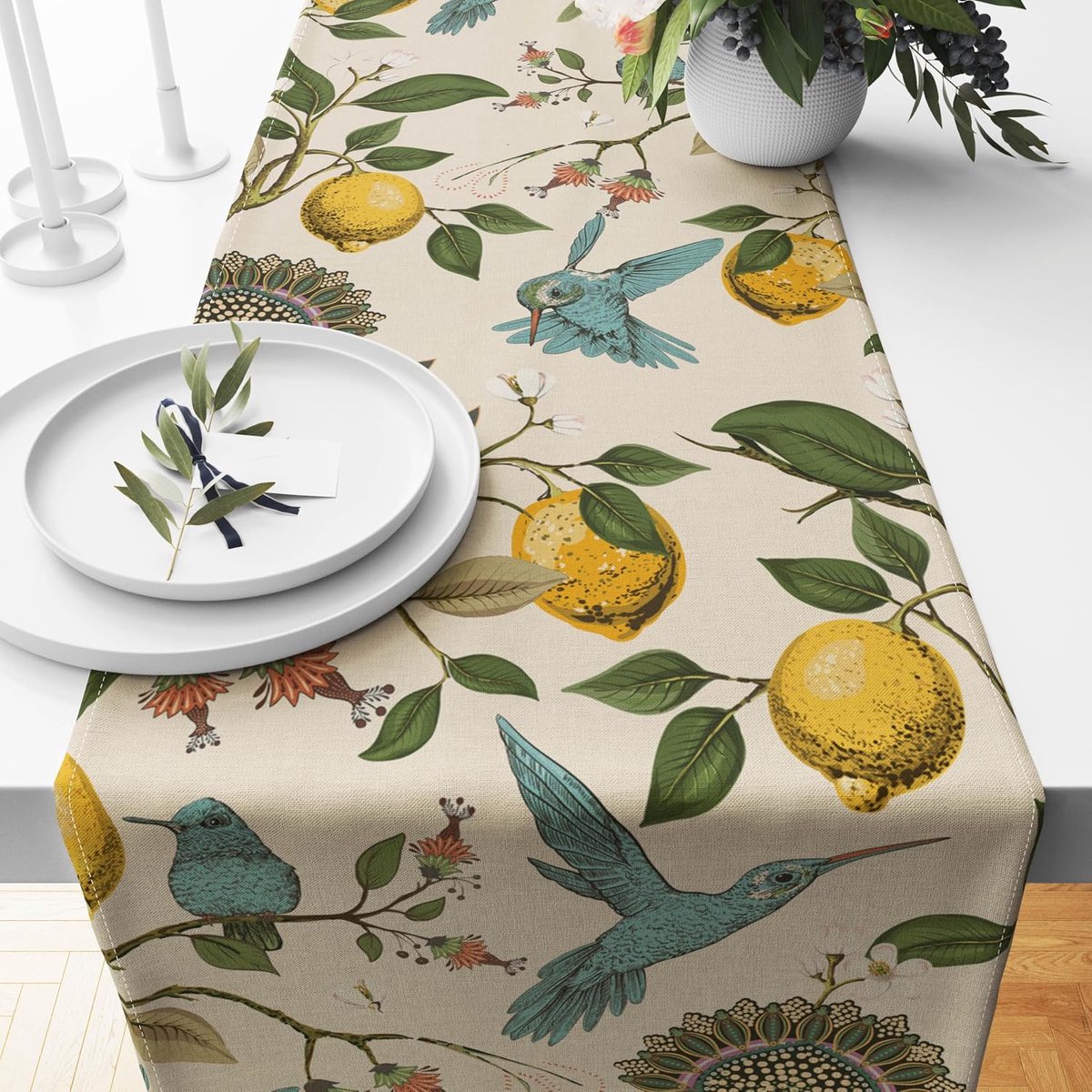 Bobypet - Tafelloper - Zomerse tafeldecoratie met blauwe vogel en citroenboom - Vintage seizoensdecoratie - Voor keuken, binnen- en buitenfeestjes - 33 x 183 cm - Meerkleurig