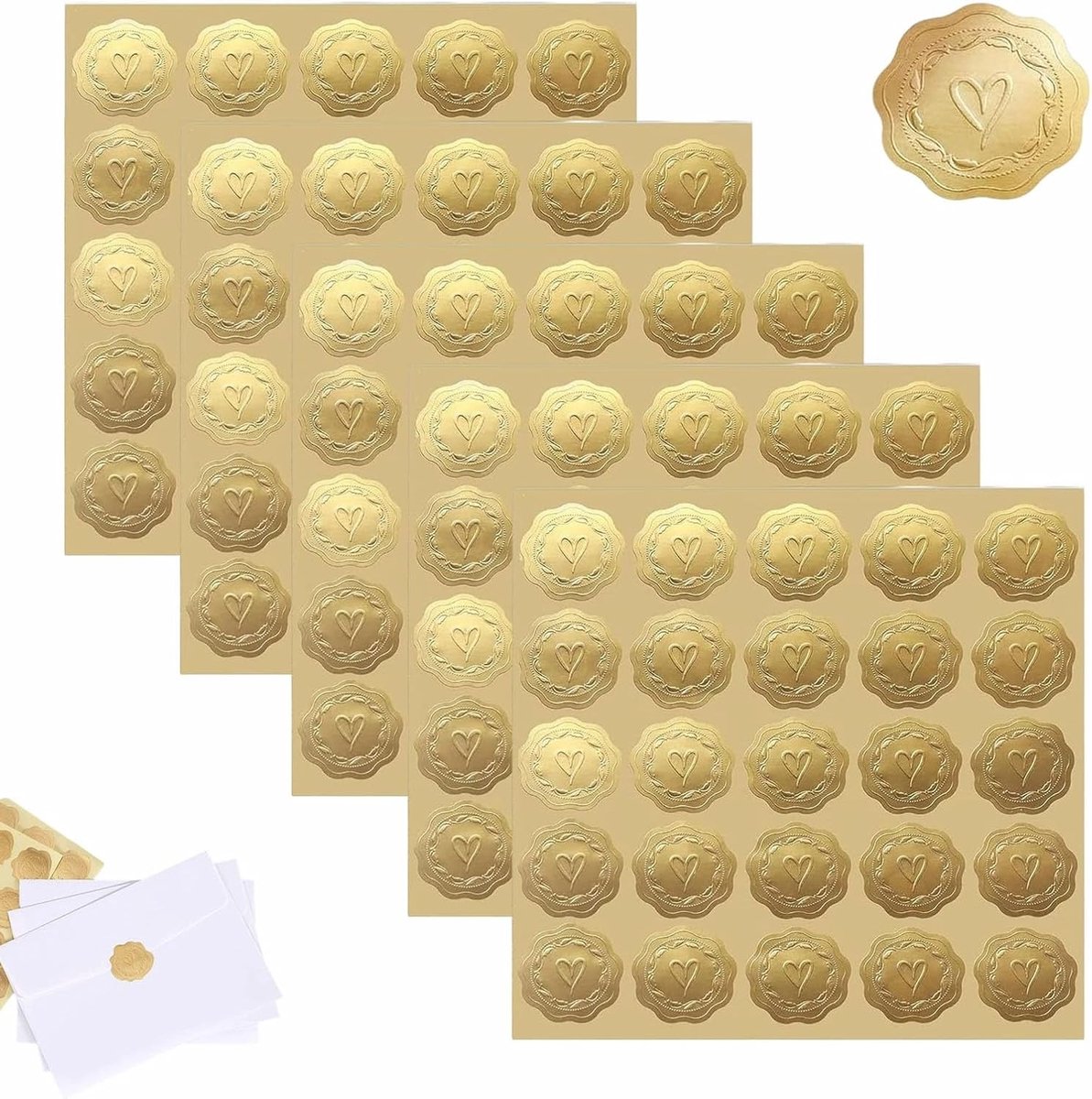 Waszegels Stickers - Envelop Decoratie - Feestelijke Sluitingen - Gouden Reliëf Hart - 150 Stuks - Goud
