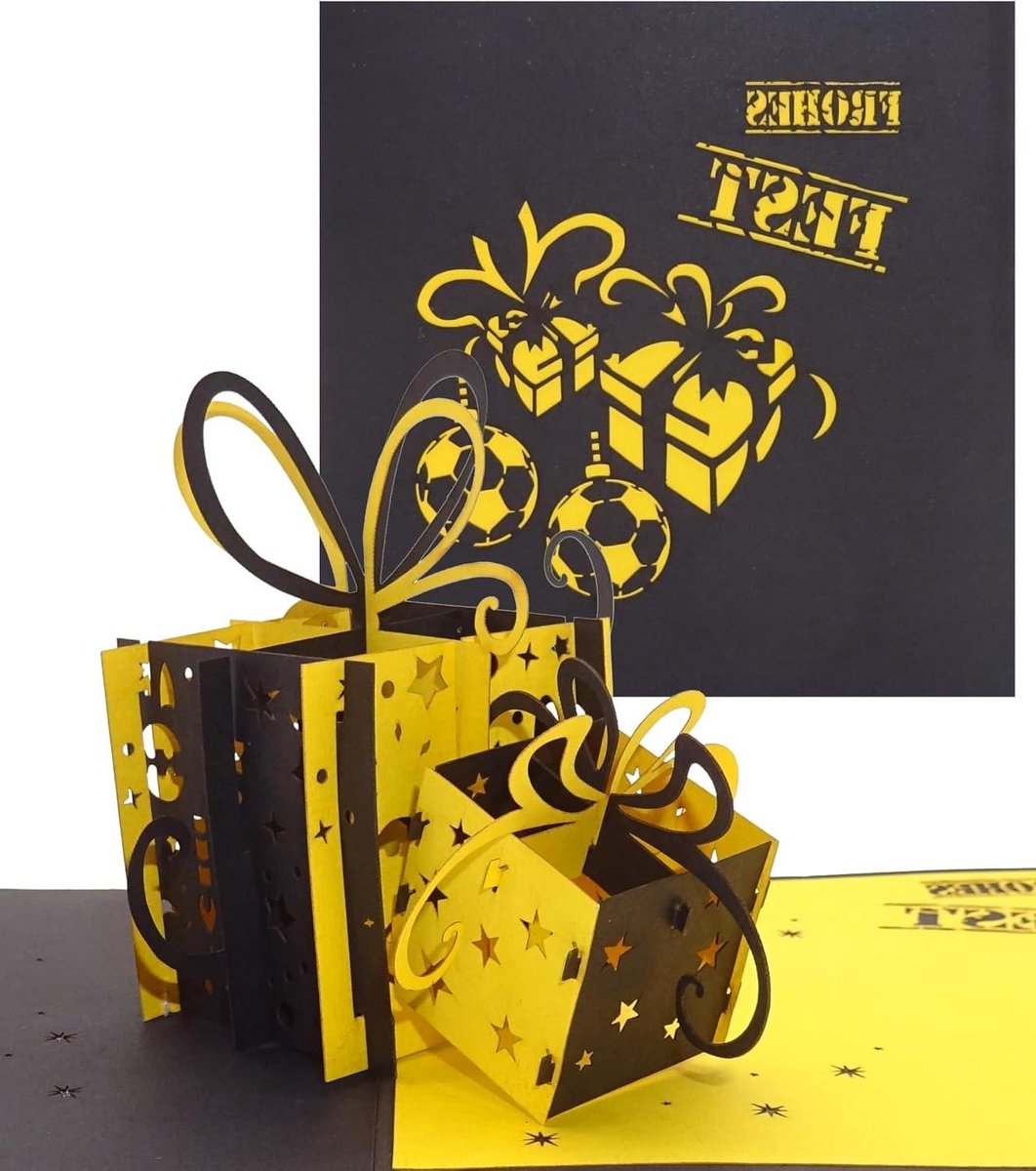 3D pop-up kaart - Kerstkaart Voetbal - Kerstmis Vieren - Handgemaakte Papierkunst - 12 x 12 cm - Zwart Geel