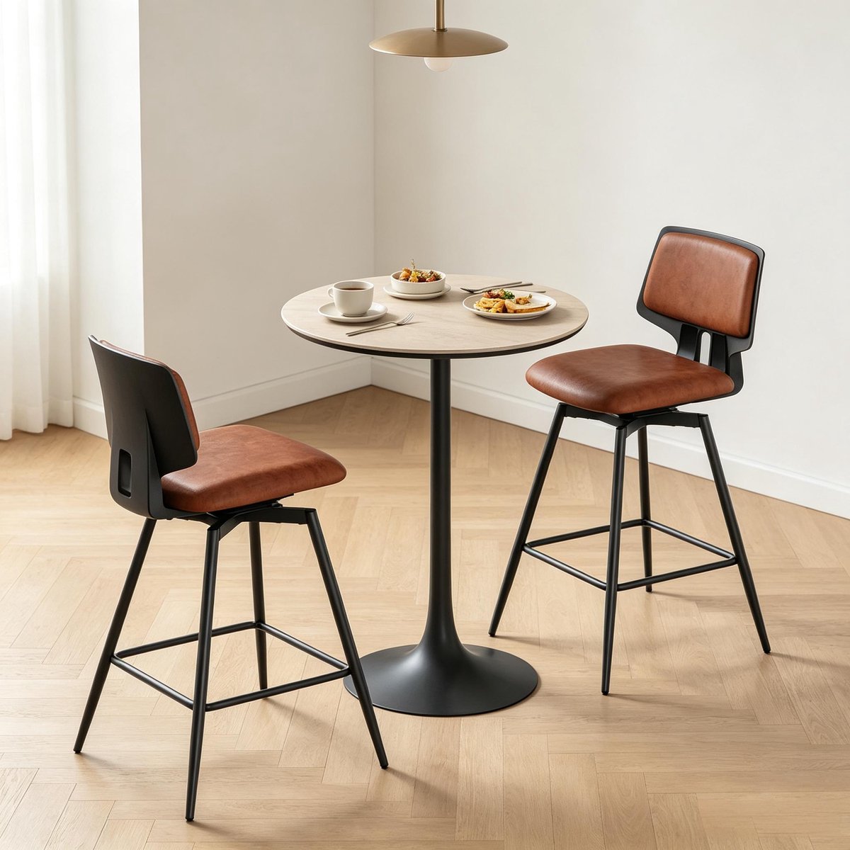 MIVRAY Barkruk Set Van 2 45,5 x 45,5 x 89 cm - 360 Graden Draaibaar Met Rugleuning En Voetensteun - Voor Keuken En Bar - Kunstleer - Bruin