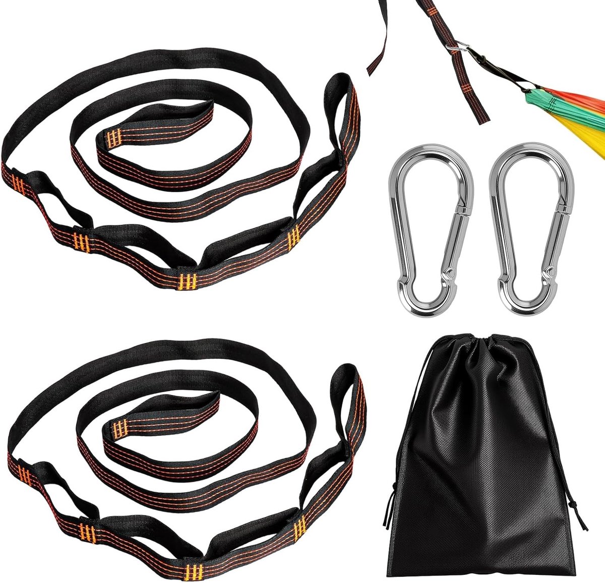 2 Stuks Hangmat Bevestigingsset, 2 m x 1 in, Hangmat Ophangriemen met 2 Sterke Karabijnhaken, Swing Bevestiging, Touw voor Hangmat met 6 Lussen, Ideaal voor Kamperen, Buitenactiviteiten en Wandelen