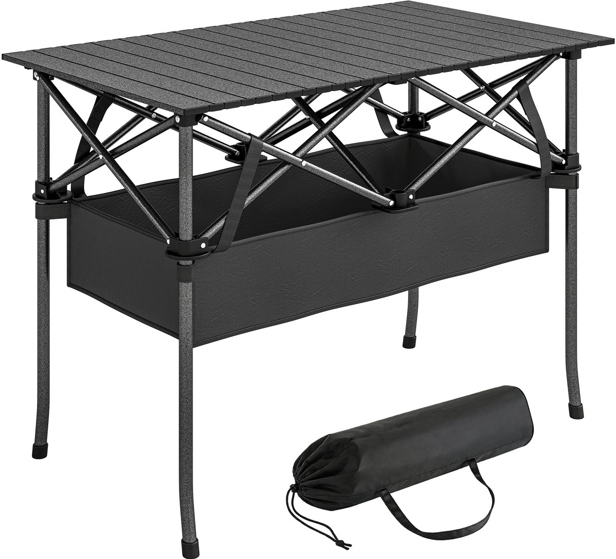 Opvouwbare en verrijdbare picknicktafel - draagbare campingtafel met gaasplank en draagtas voor buitengebruik - zwart