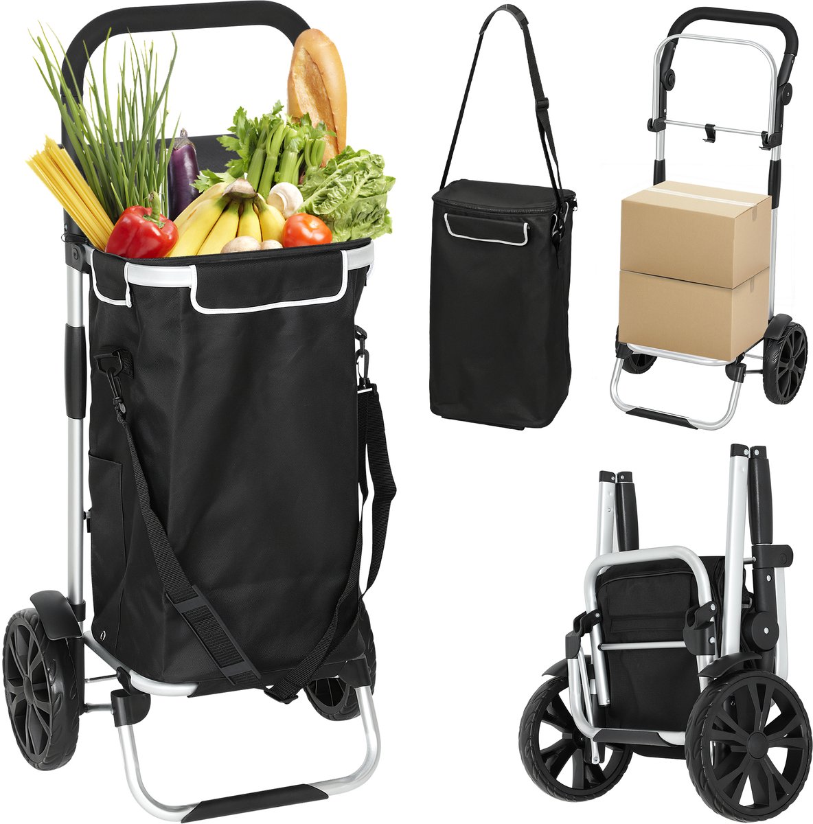 Opvouwbare 3 - in - 1 boodschappenwagen met een inhoud van 40 liter - een draagvermogen tot 25 kg en een koelvak - zwart.