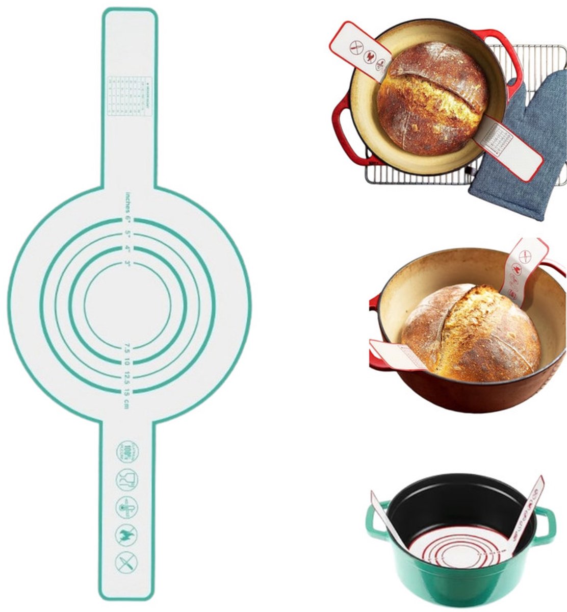 Siliconen bakmatten- Herbruikbare Deegmat - Lange Handvatten - Sling Bakmat – Siliconen bakmat met lange handgrepen – Herbruikbare bakmat voor brood – Geschikt voor zuurdesem, deeg en pizza ( rond 52.5 x 21.5 cm)