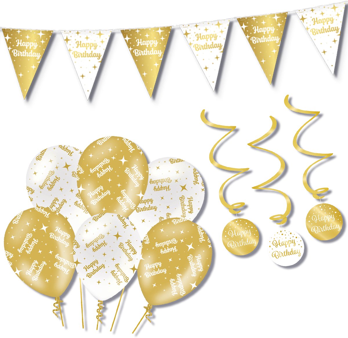 BTH – Happy Birthday – Wit-Goud – Verjaardag Set – Ballonnen-Swirls-Vlaggenlijn – Alles-in-1 – Decoratie Pakket