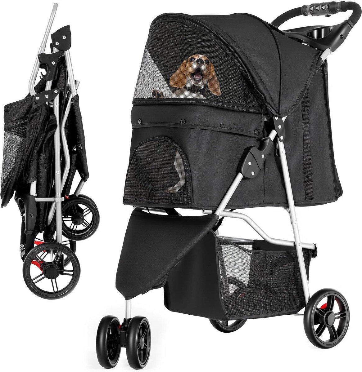 Opvouwbare Hondenbuggy - Dierenwagen Reisbuggy - Huisdieren Vervoeren - Met 3 Wielen - Tot 15 kg - Zwart
