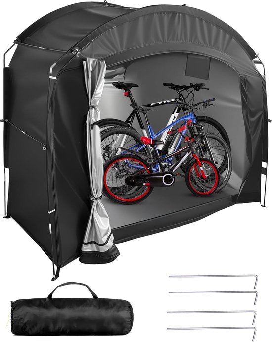Zwarte fietstent met twee fietsen (een rode en een blauwe) erin, met een tas en haringen op de voorgrond.