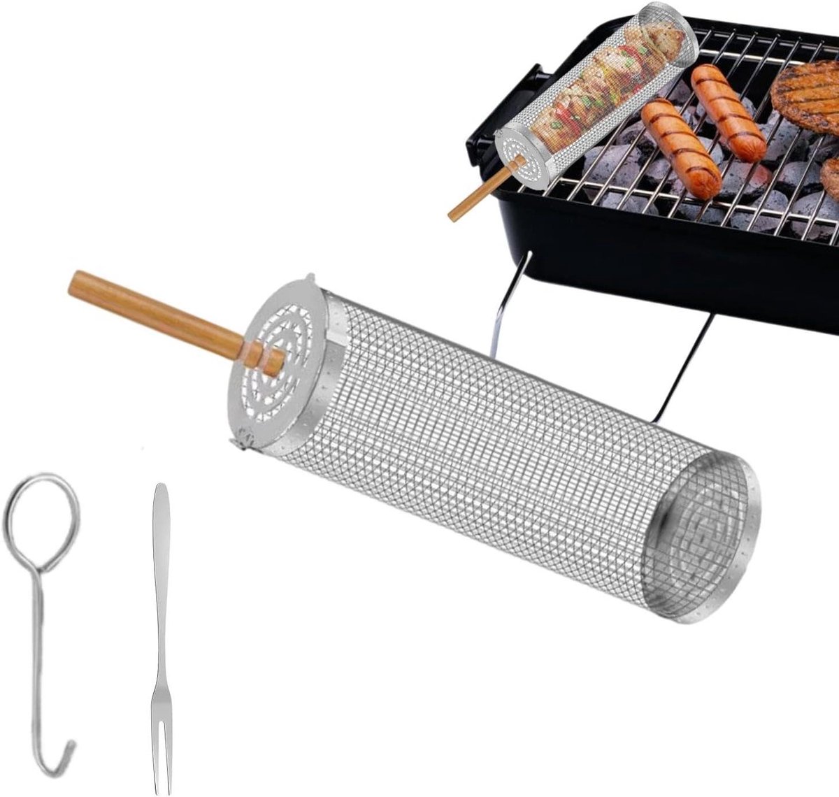 BBQ Grillmand Roestvrijstalen Mand Groenten Grillen Afneembare Houten Handgreep 215 x 95 x 95 cm Zilver