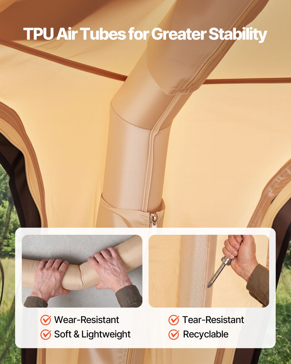 VEVOR 4-Persoons Campingtent, Opblaasbare Familietent met Oplaadbare Pomp, Tpu-Luchtslang en 5 Gaasramen, Cabinetent met Draagtas voor Gezinskamperen en Wandelen, Beige — cadeau in Cadeau-ideeën - foto 5