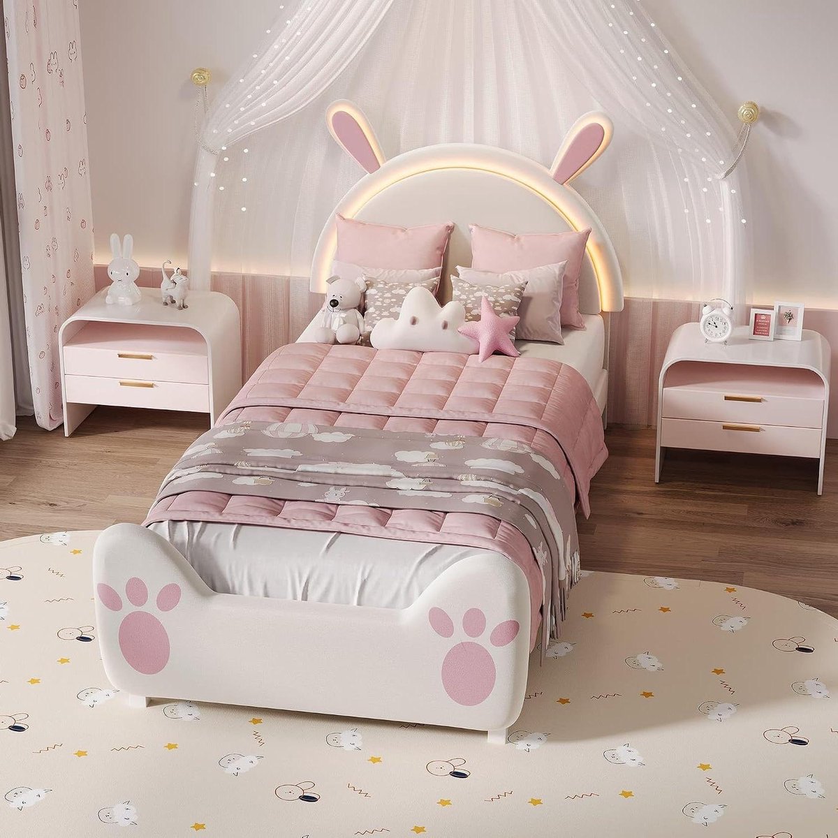 Kinderbed met LED - Jeugdbed Prinsessenbed - Slaapkamer Inrichten - Hoofdeinde met Konijnenoren - 90 x 200 cm - Wit