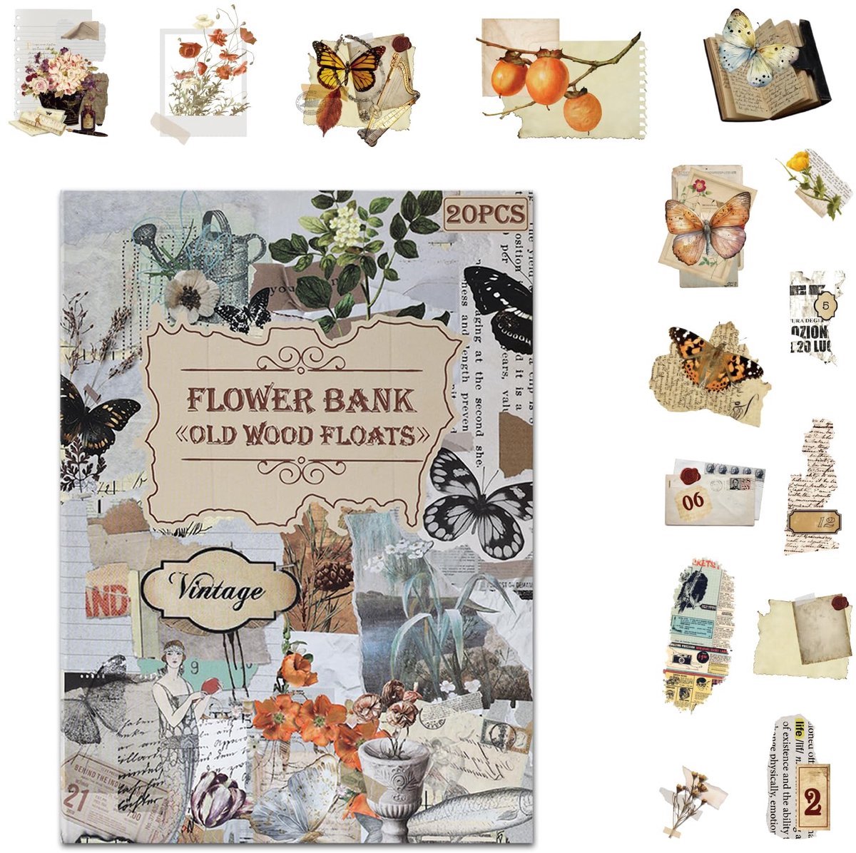 Wilde Bloesems Thema Scrapbook Stickers – 20 Vellen met 120 Vooraf Gesneden Stickers – PET Transparant en Papier – Leesthema met Bloemen, Postzegels, Briefpapier en Vlinders – DIY Decoratie voor Journaling en Cadeaus