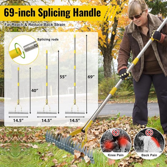 Gazonrakel - Metalen blad - 150 cm verstelbare steel - Robuuste multifunctionele tuinhark voor gazononderhoud — afbeelding 4