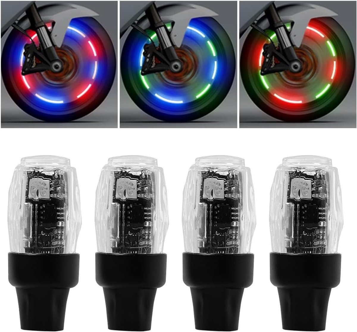 Set van 4 kleurrijke LED verlichting voor autobanden, spaken en ventieldoppen - Geschikt voor auto’s, vrachtwagens, motoren en fietsen