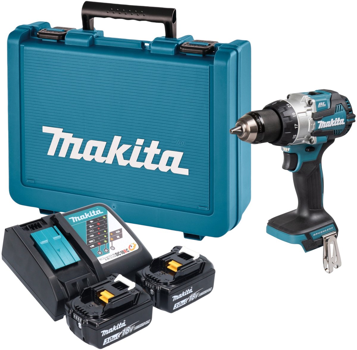 Makita DHP 489 RFE accu-slagboormachine 18 V 73 Nm borstelloos + 2x accu 3,0 Ah + oplader + koffer