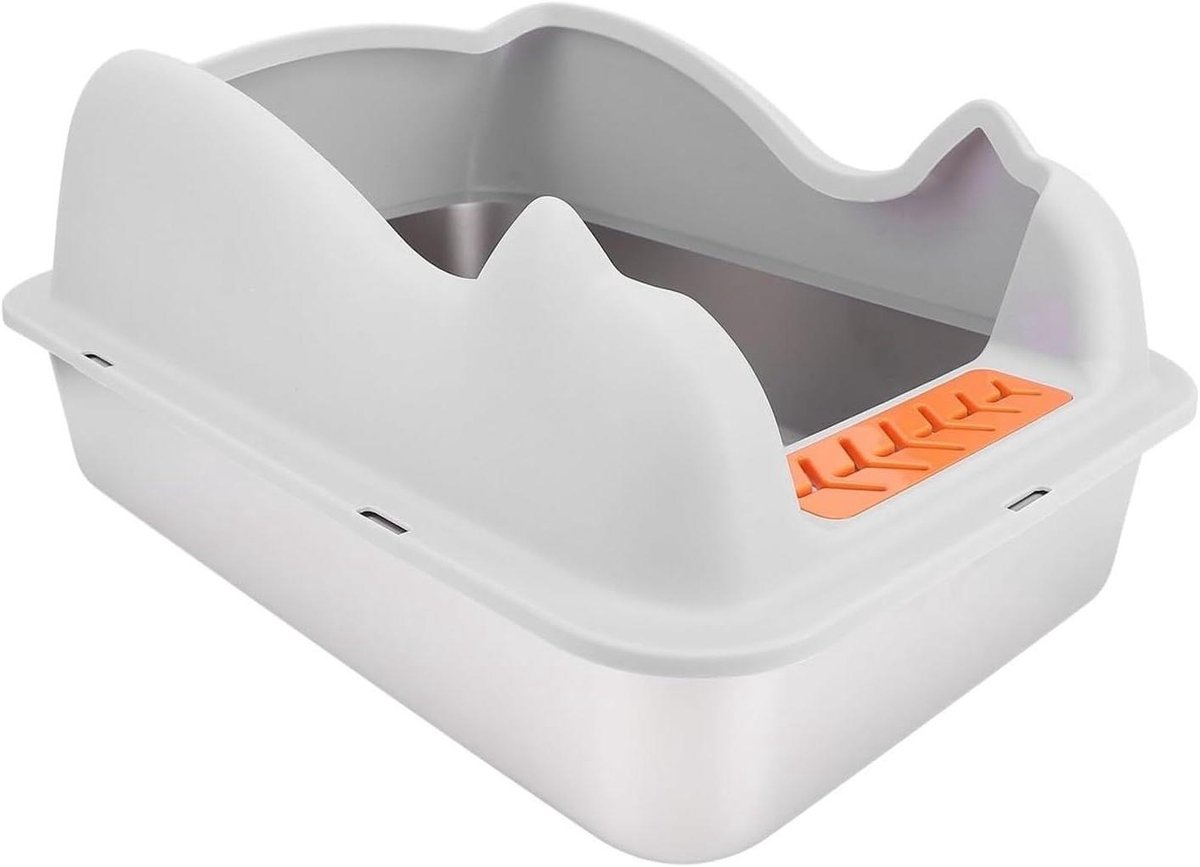 Kattenbak Roestvrij Staal - Open Kattenbak - Hygiënisch Huisdier - Hoge Anti-spat Rand - 51x36x19 cm - Lichtgrijs
