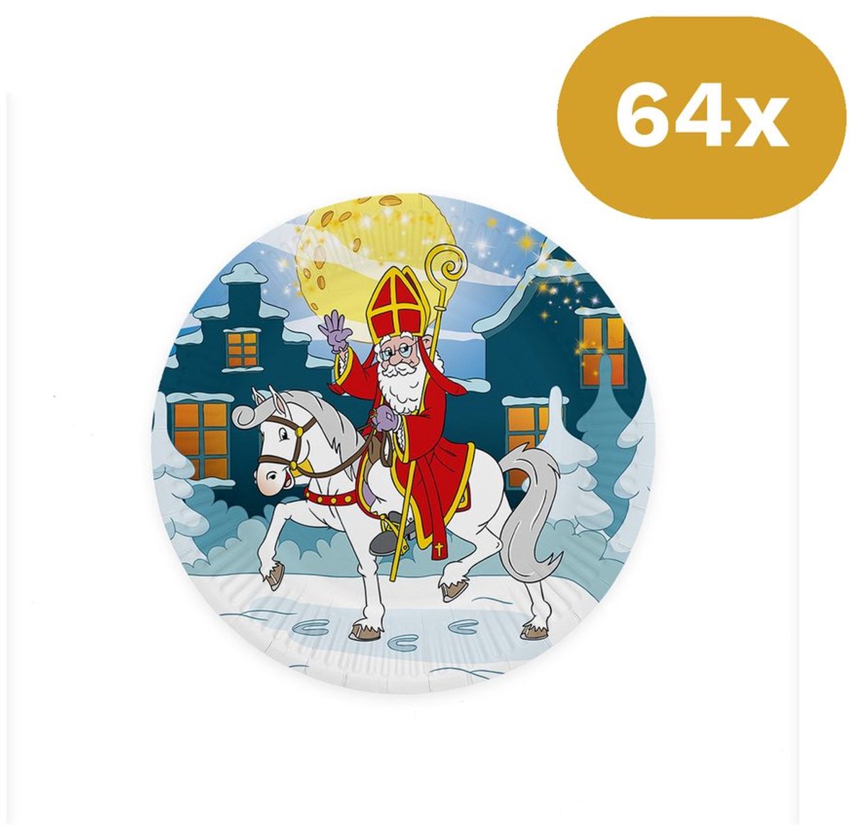 64x Sinterklaas Bordjes 23cm FSC - Papieren Feestbordjes Sint te Paard - Pakjesavond Tafelservies