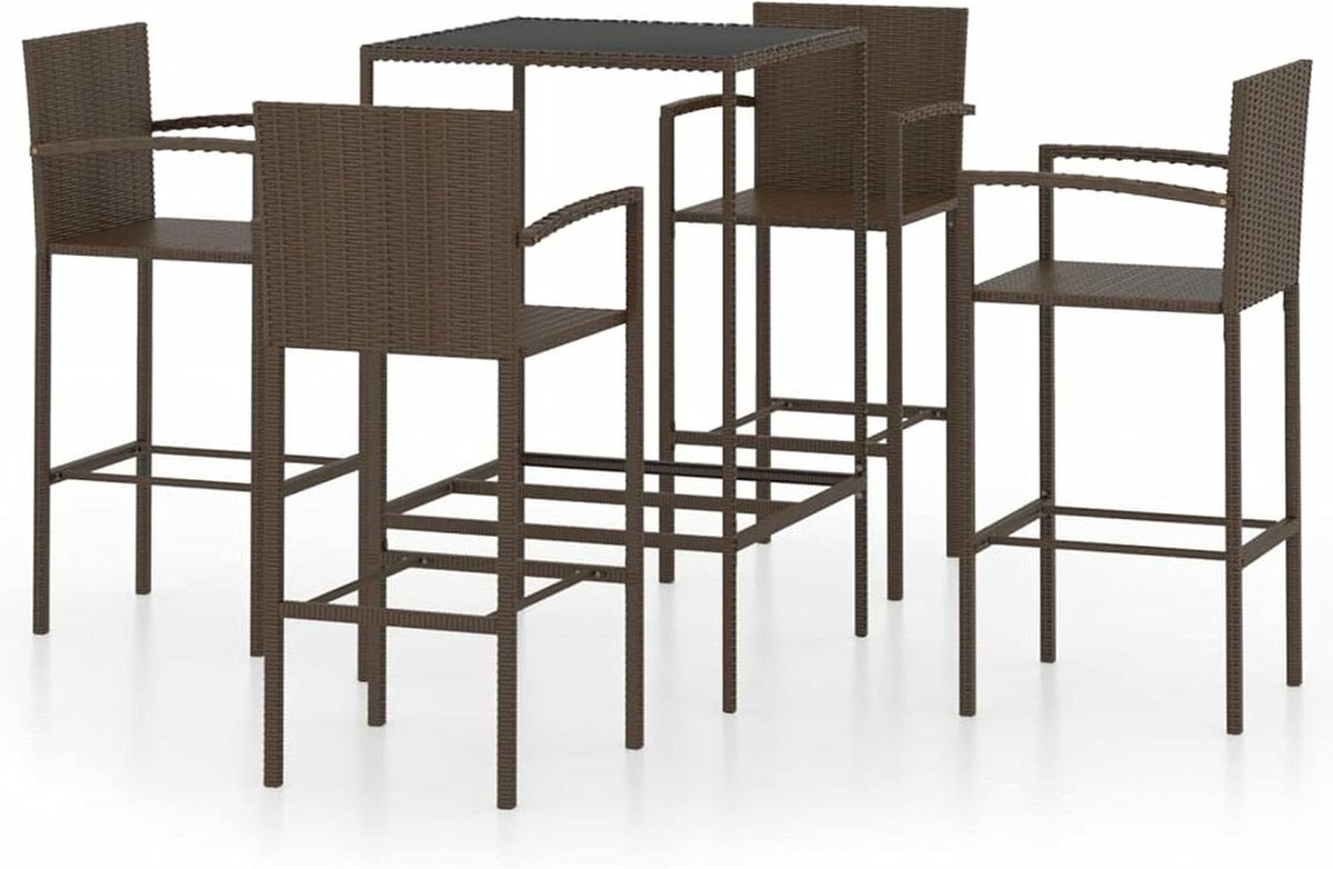 Tuinbarset Polyrotan - Buitenbar Terrasbar - Buiten Ontspannen - Gepoedercoat Stalen Frame - Tafel 70 cm met 4 Stoelen - Zwart