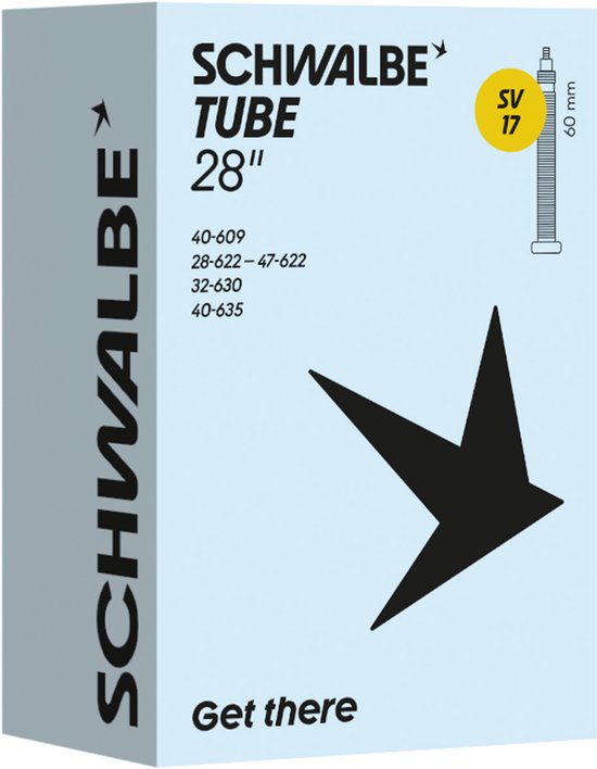 Schwalbe binnenband 28 inch SV17, met Frans ventiel. Grijze en blauwe verpakking met zwarte pijl.