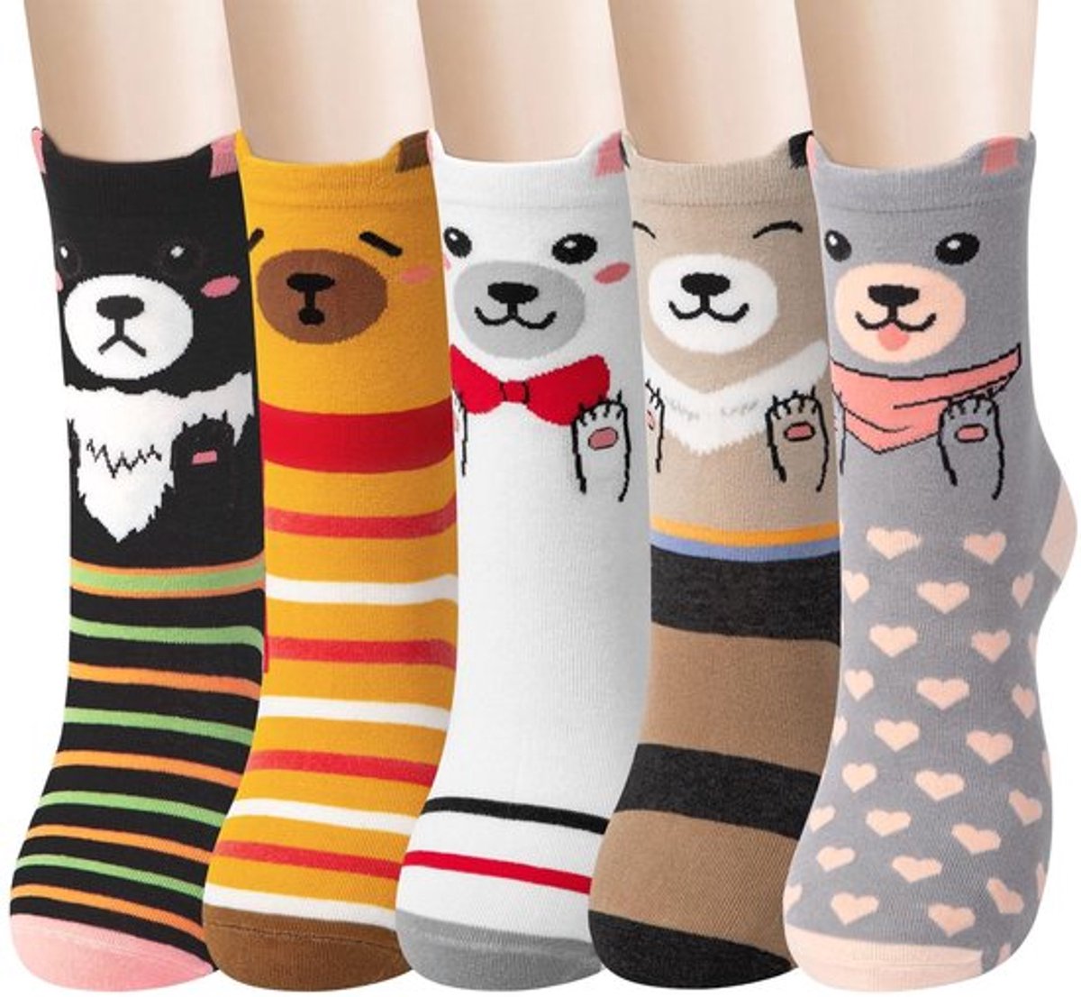 Damesokken Schattige Dierenmotieven - Katoenen Sokken - Comfortabel - Rekbaar - One Size - 5 Paar