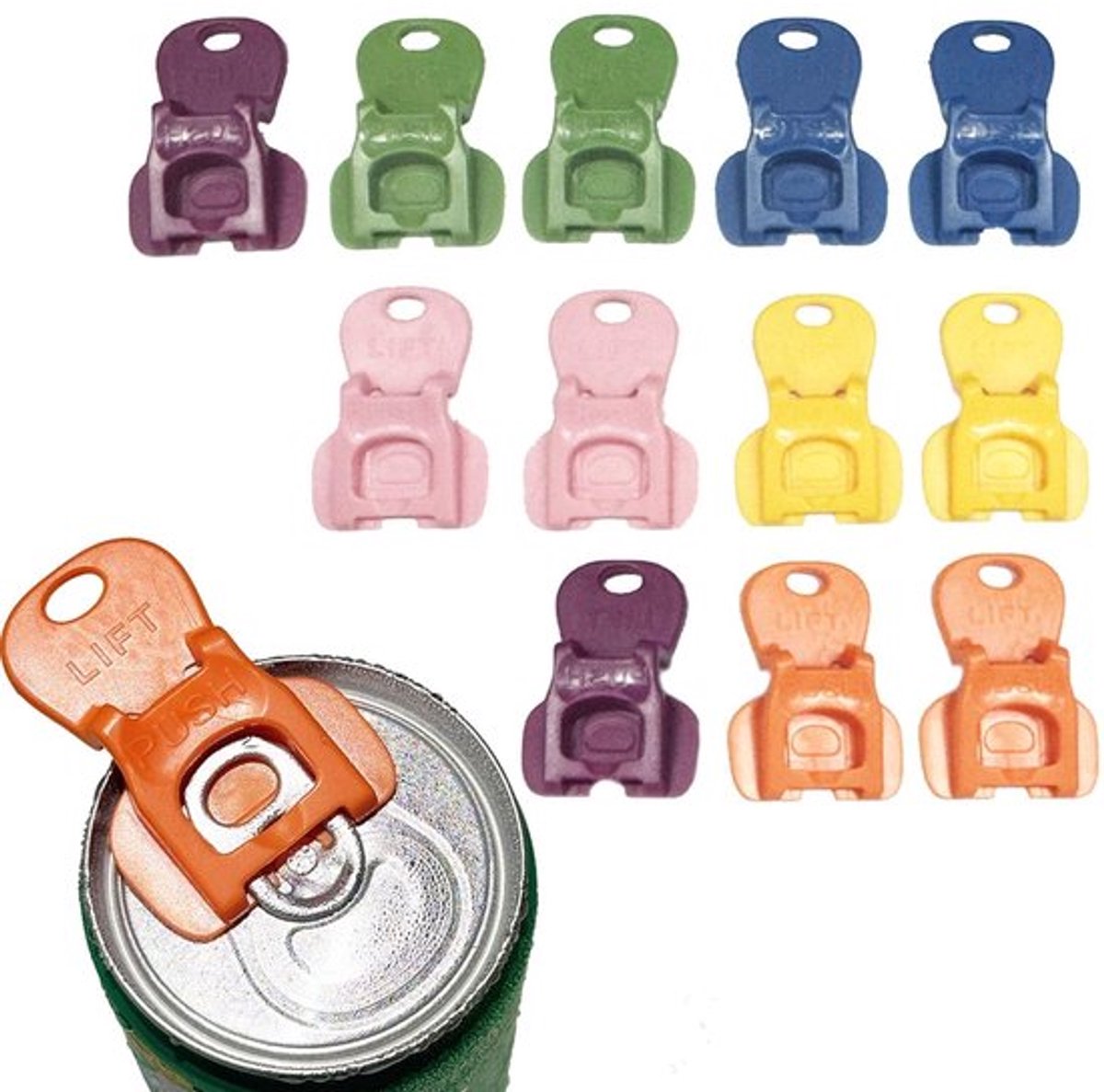 12-delige blikopener, eenvoudige handmatige blikopener, geschikt voor aluminium cola, bier en frisdrankblikjes. Kleurrijke plastic beschermhoes voor stofbescherming.