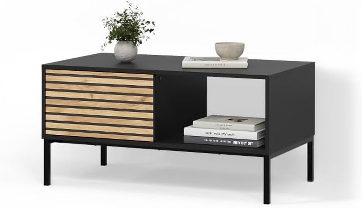 Salontafel Aterno - Bijzettafel met lade - Woonkamer opruimen - Minimalistisch design - 90x50x45 cm - Eiken goud antraciet