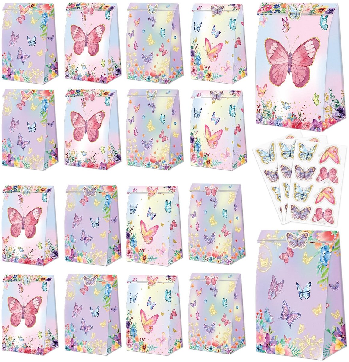 SnelShoppen - Butterfly Party Gift Bags - 20 Pcs Kleurvolle Goodie Bags met Vlinder Stickers - Papieren Feestzakken voor Kinderen - Perfect voor Verja