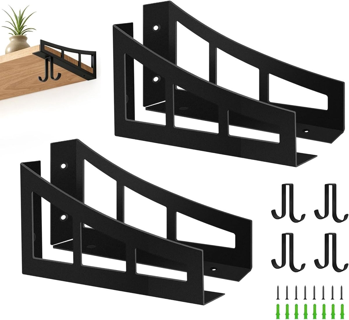 Plankhouders met haken voor wandplanken, driehoekige en rechthoekige ontwerpen, zwart, ideaal voor houten en ijzeren planken, stevig en duurzaam, 4 stuks