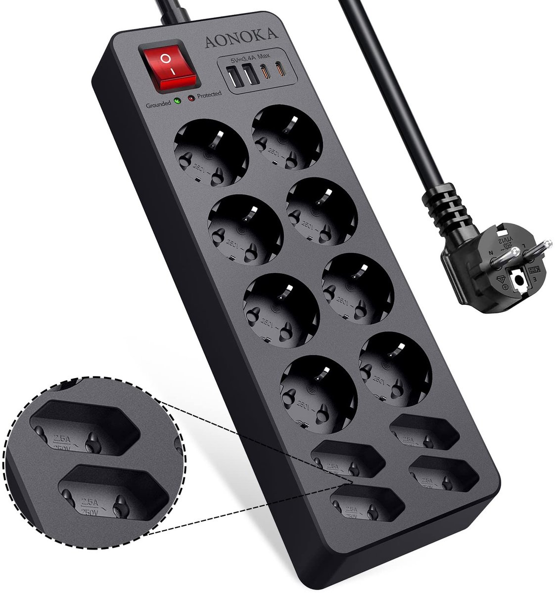 Omgoods - Powerstrip met 12 Stopcontacten en USB-C Aansluitingen