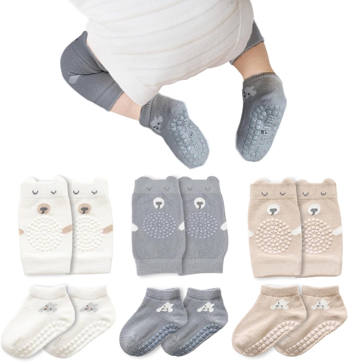 Kniebeschermers voor Baby's met Antislip Sokken - 3 Paar Kniekussens en 3 Paar Sokken voor Veilig Kruidelen - Ideaal voor Jongens en Meisjes van 0-6 Maanden