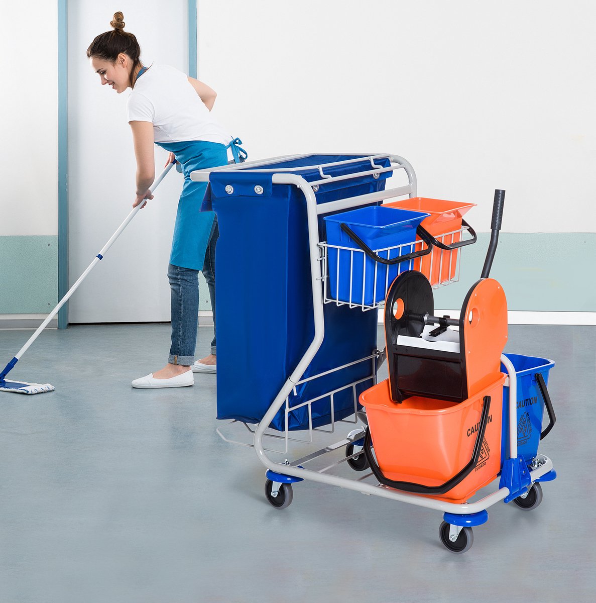 COVREO Reinigingswagen 93x80x97 cm blauw oranje, ijzer, met 4 emmers
