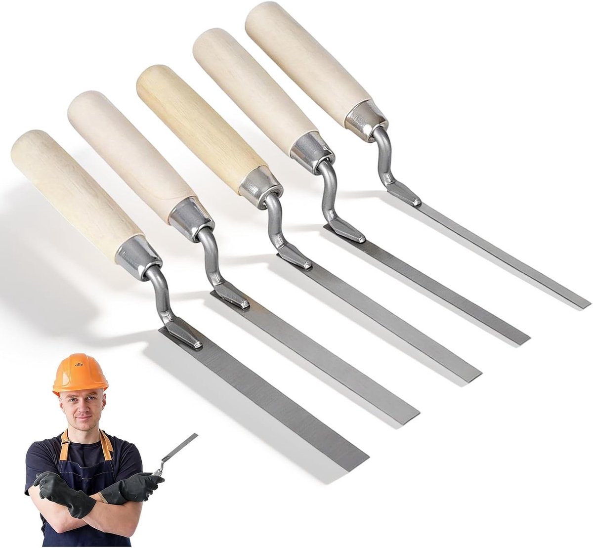 Set van 5 voegentroffels met houten handvat, breedtes 6, 8, 10, 12 en 15 mm voor pleisterwerk en voegwerkzaamheden, ideaal voor vakmannen en doe-het-zelvers
