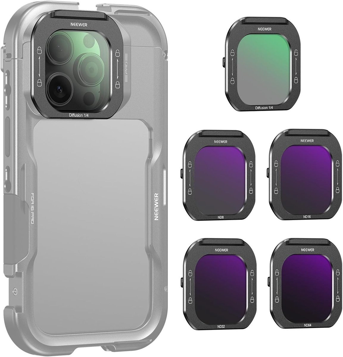 Lens Filter Kit 5-Pack met Black Pro Mist Diffusion en ND Filters voor 16 Pro en 16 Pro Max Cages - HD Optisch Glas voor Professionele Fotografie