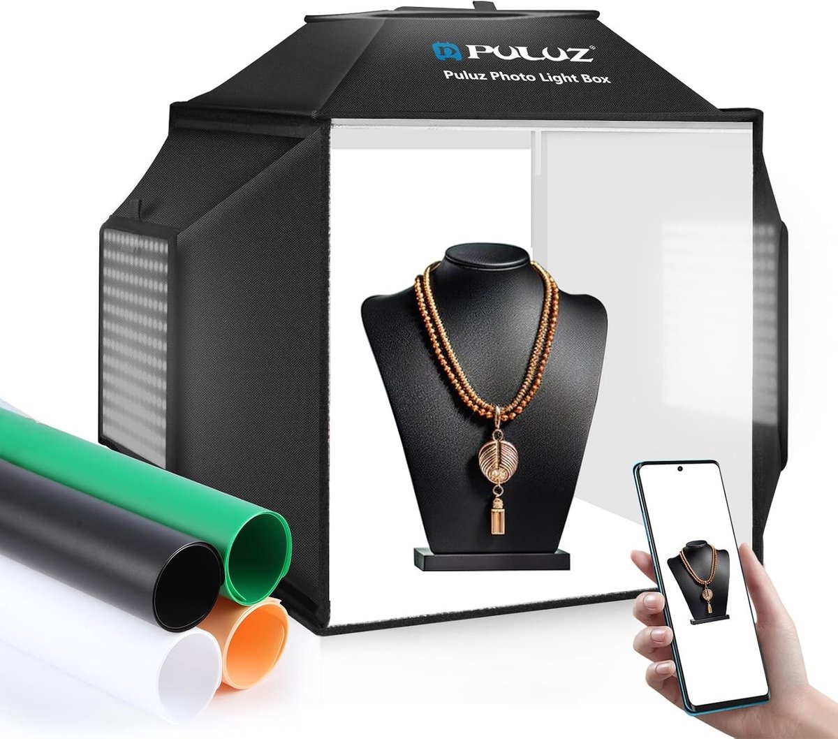 Professionele Fotostudio Lichttent van 40 cm met 5500K Verlichting en 4 Achtergronden voor Productfotografie, Sieraden en Kleine Objecten