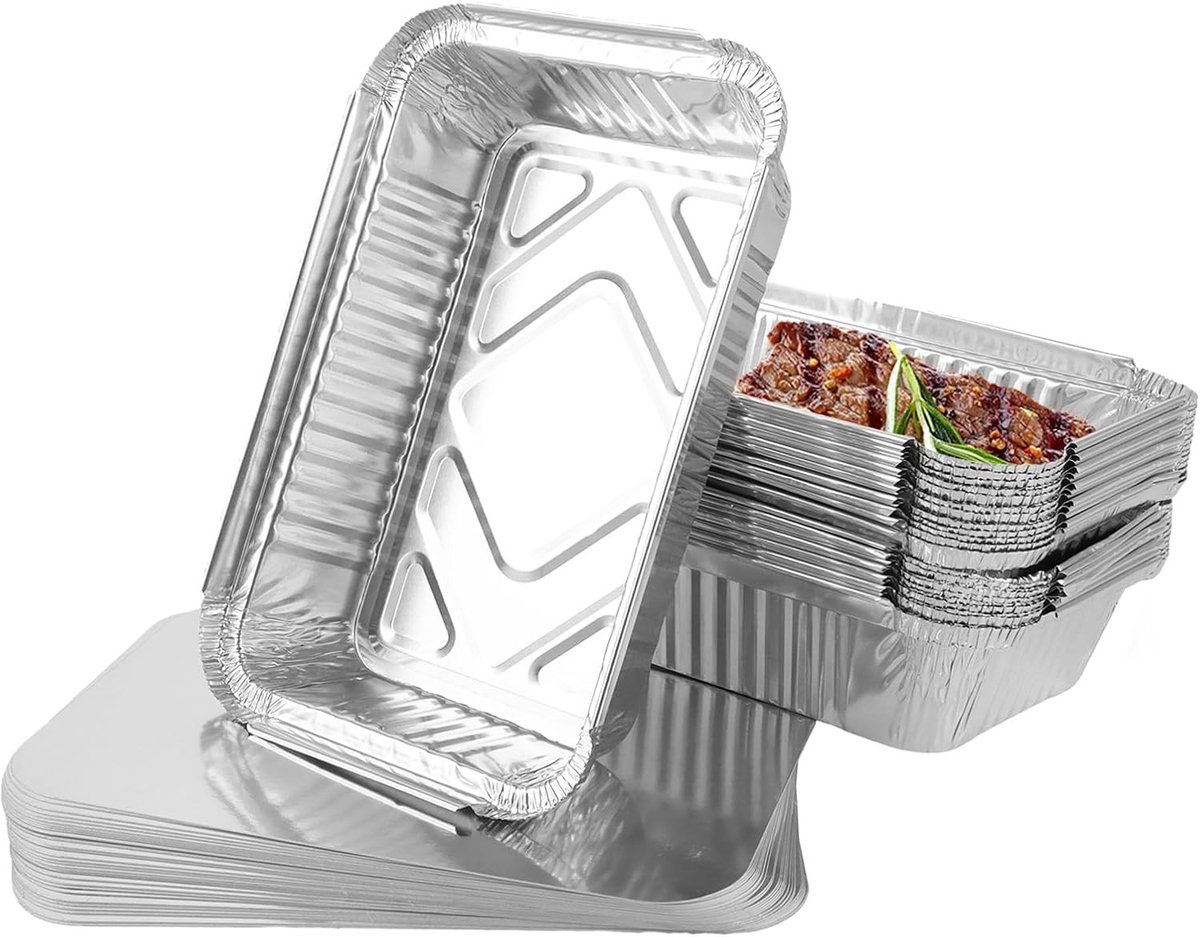 Set van 100 Wegwerp Aluminium Schalen met Deksel, Ideaal voor Bakken, Grillen en Opslaan, 21 x 14 x 5 cm