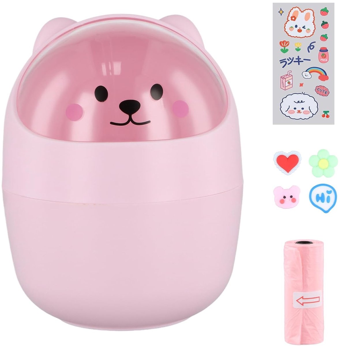 Mini Prullenbak met Deksel en Afneembare Pennenhouder, Mooie Plastic Makeup Prullenbak met Stickers en Vuilniszakken voor Thuisgebruik