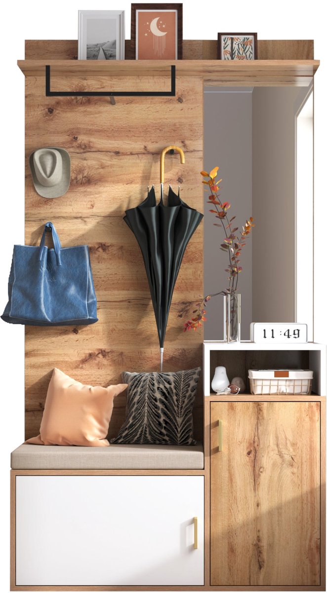 Merax Halmeubel met Kapstok en Schoenenkast - 105 x 40 x 190,5 cm - Wit en Houtkleur - Spiegel - Zitbank - 4 Haken