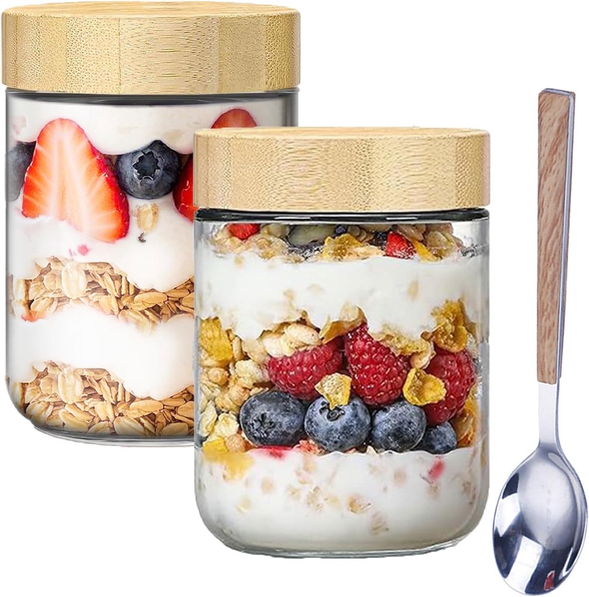 SnelShoppen - Oats Flake Jars met Lids - 2 Stuks 500 ml Canning Jars met Bamboe Deksel en RVS Lepel - Bewaarpotten met Schroefdeksel voor Yoghurt, Sal