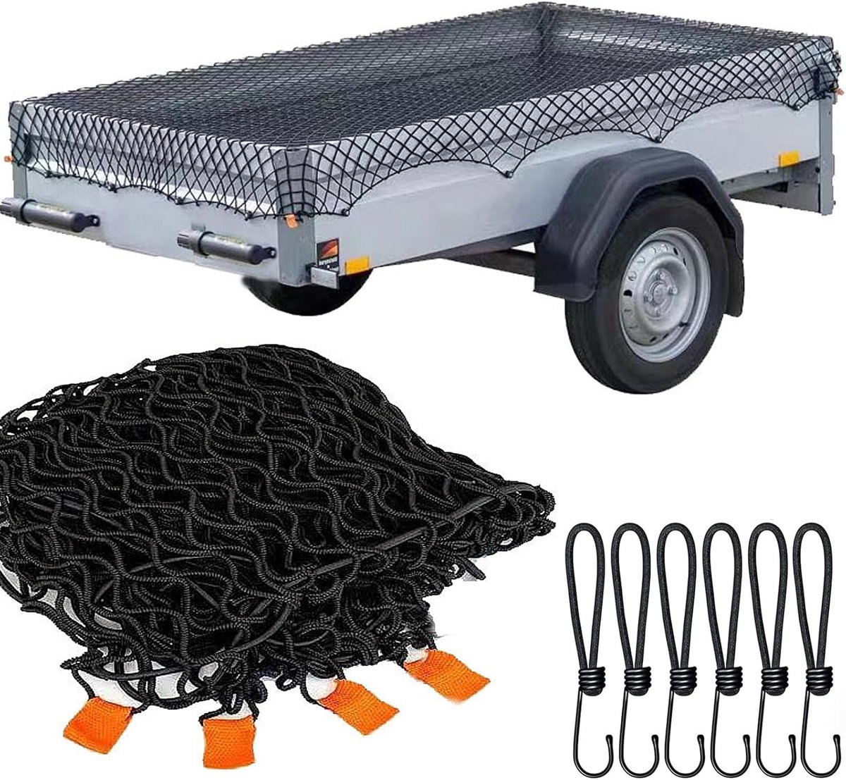 Verlengbaar elastisch net voor aanhangwagen, 1.5 x 2.20 m, met haken en sluitknopen, fijnmazig voor veilige ladingbeveiliging