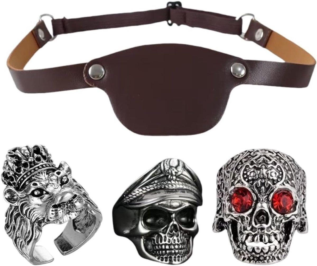 Set van 3 doodskop en kruisbeen ringen met piraten ooglapje voor themafeesten en kostuums