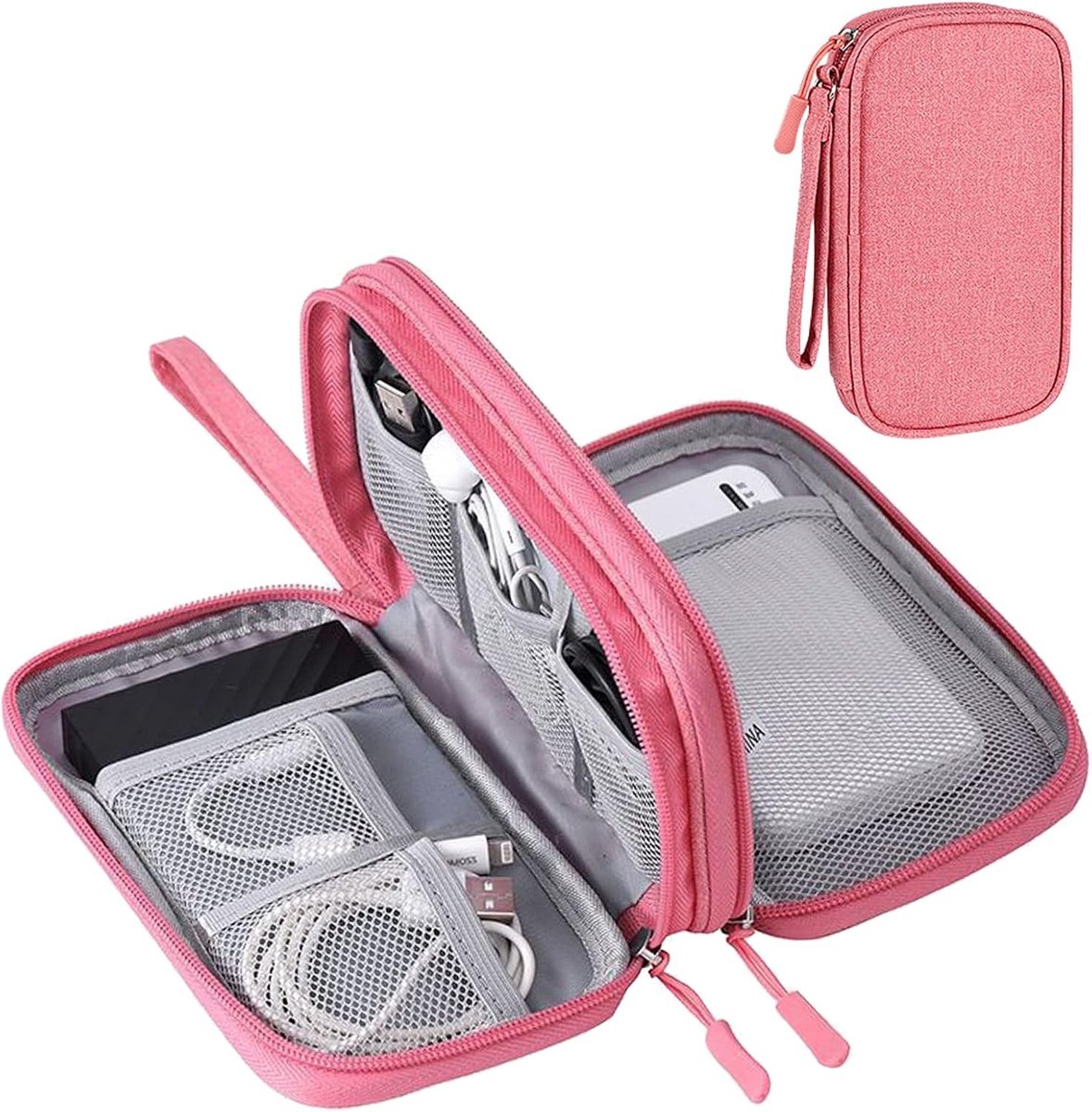 Waterdichte Kabel Organizer, Dubbel Laags Reistas voor Elektronica, Mobiele Telefoon Tas, Oplaadkabel en USB Hoofdtelefoon Accessoires (Roze)