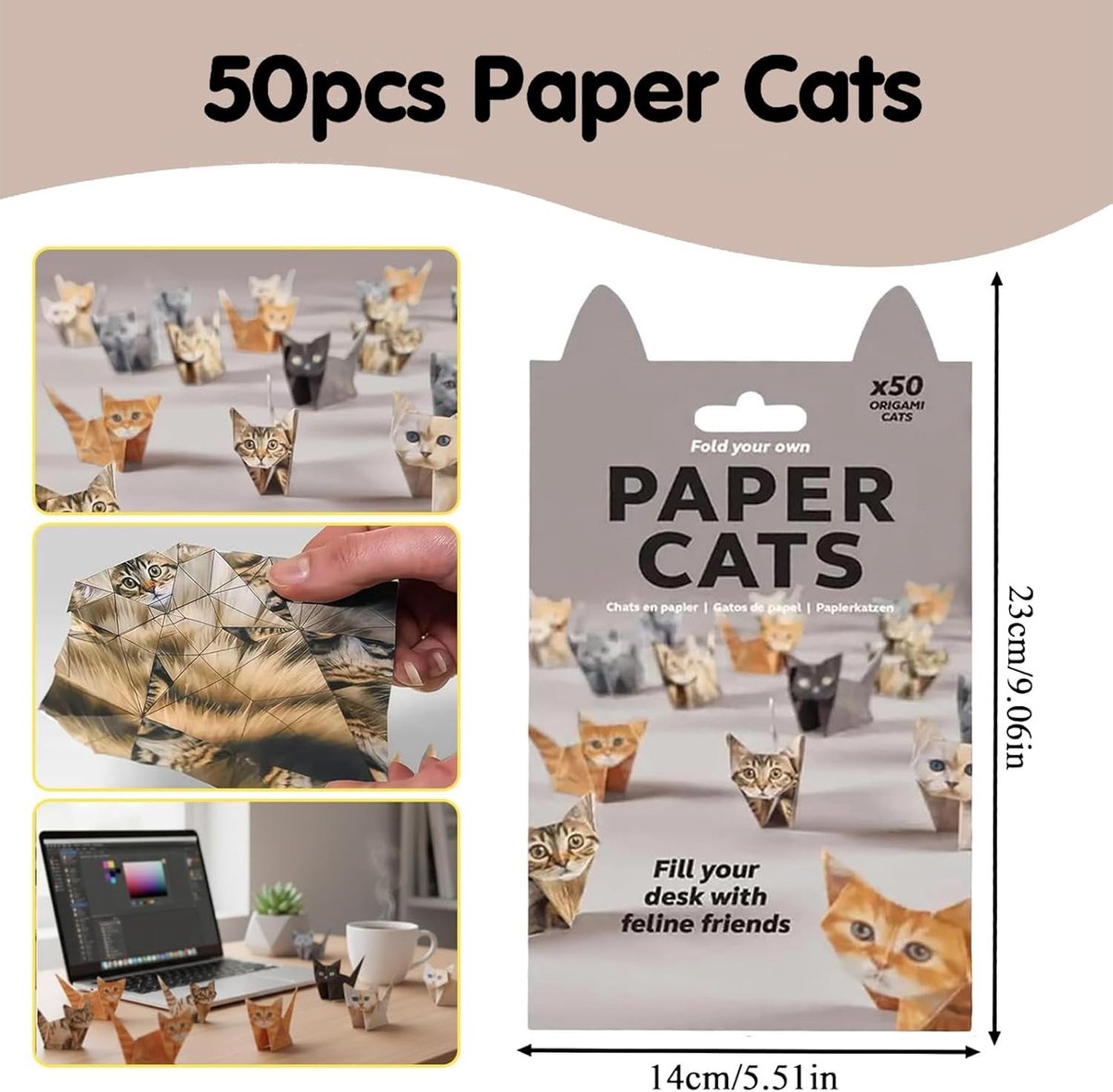 DIY Origami Katten Papier Kit met 50 Vellen - 3D Vouwset voor Dierenfiguren, Creatieve Hobby en Tafeldecoratie