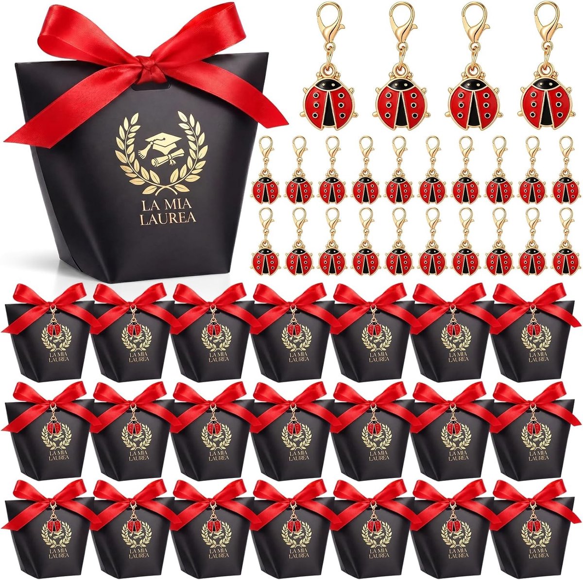 30 Sets Cadeauverpakkingen voor Afstudeerfeestjes met Lieveheersbeestje Sleutelhanger en Rood Lint voor Creatieve Decoratie