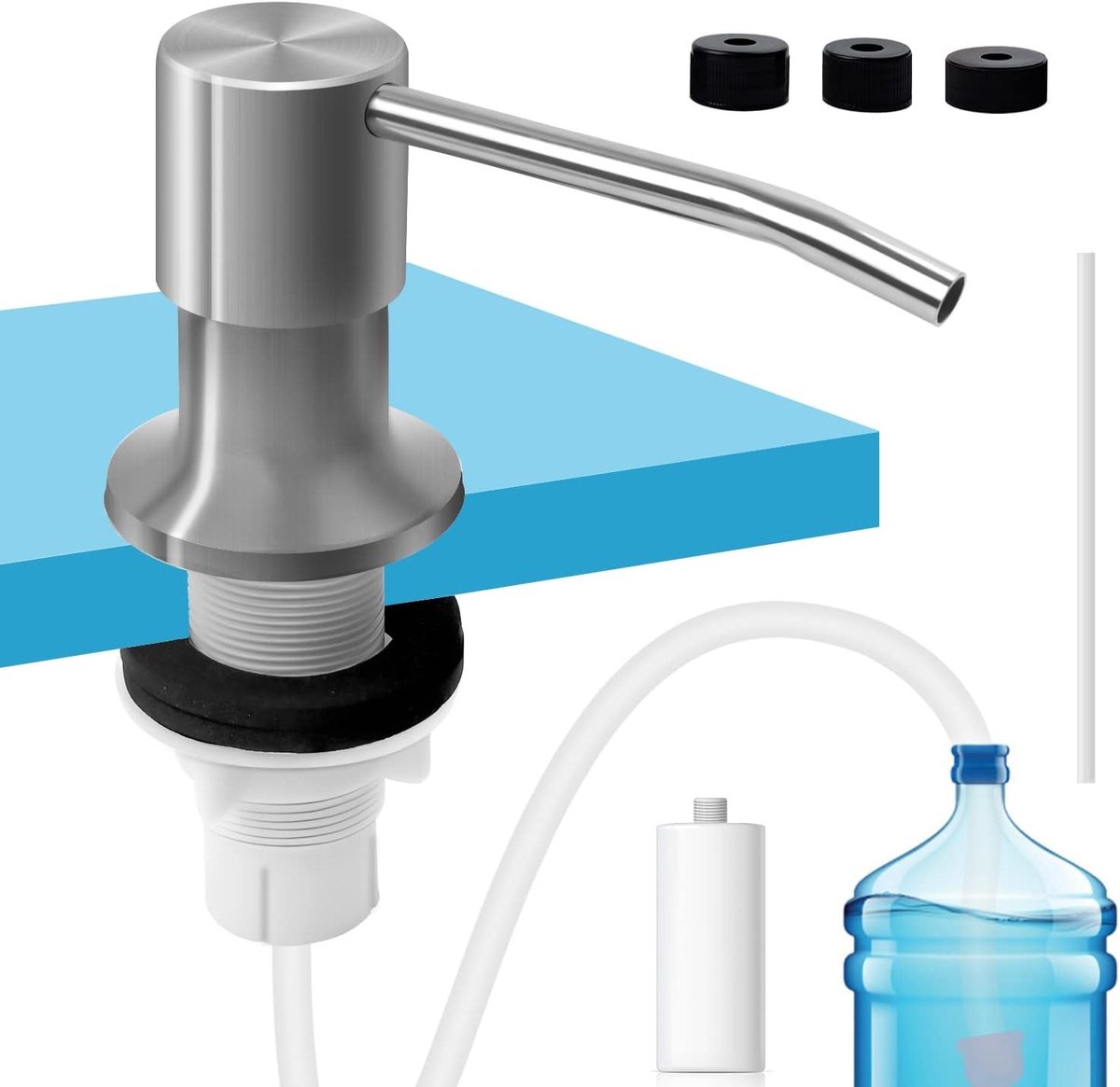 RVS Afwasmiddel Dispenser met 100 cm Siliconen Slang, 500 ml Pompfles en 3 Maatbekers voor Gemakkelijk Doseren bij de Gootsteen