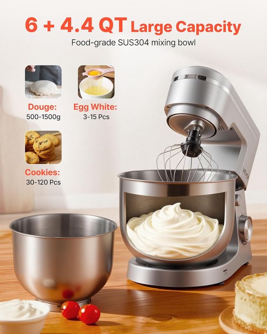 Keukenmachine - Mixer - Bakken en Koken - Krachtige 1500W Motor - 5.7 Liter Kom - Zilver — afbeelding 4