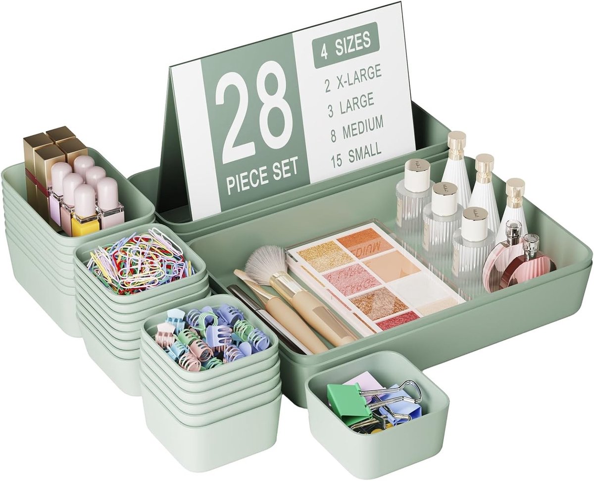 28-delige lade organizer set van kunststof, stapelbare opbergdozen voor make-up, keukenaccessoires en kantoorbenodigdheden