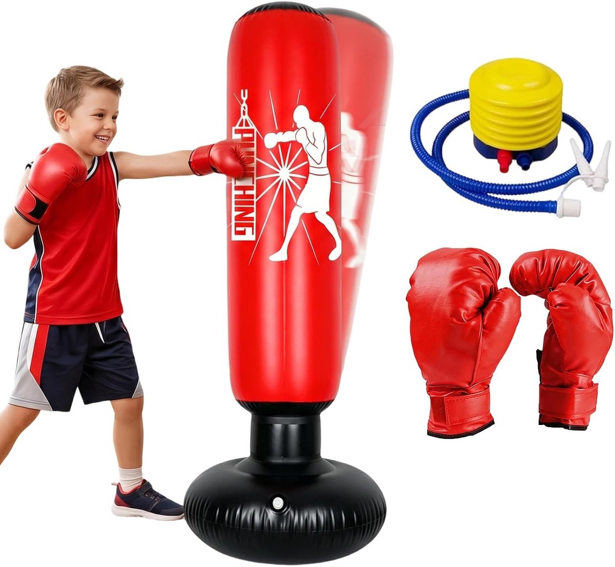Staande Bokszak voor Kinderen 6-12 Jaar - 160 cm Opblaasbare Bokszak met Bokshandschoenen - Perfect voor Karate, Kickboksen en Taekwondo Training